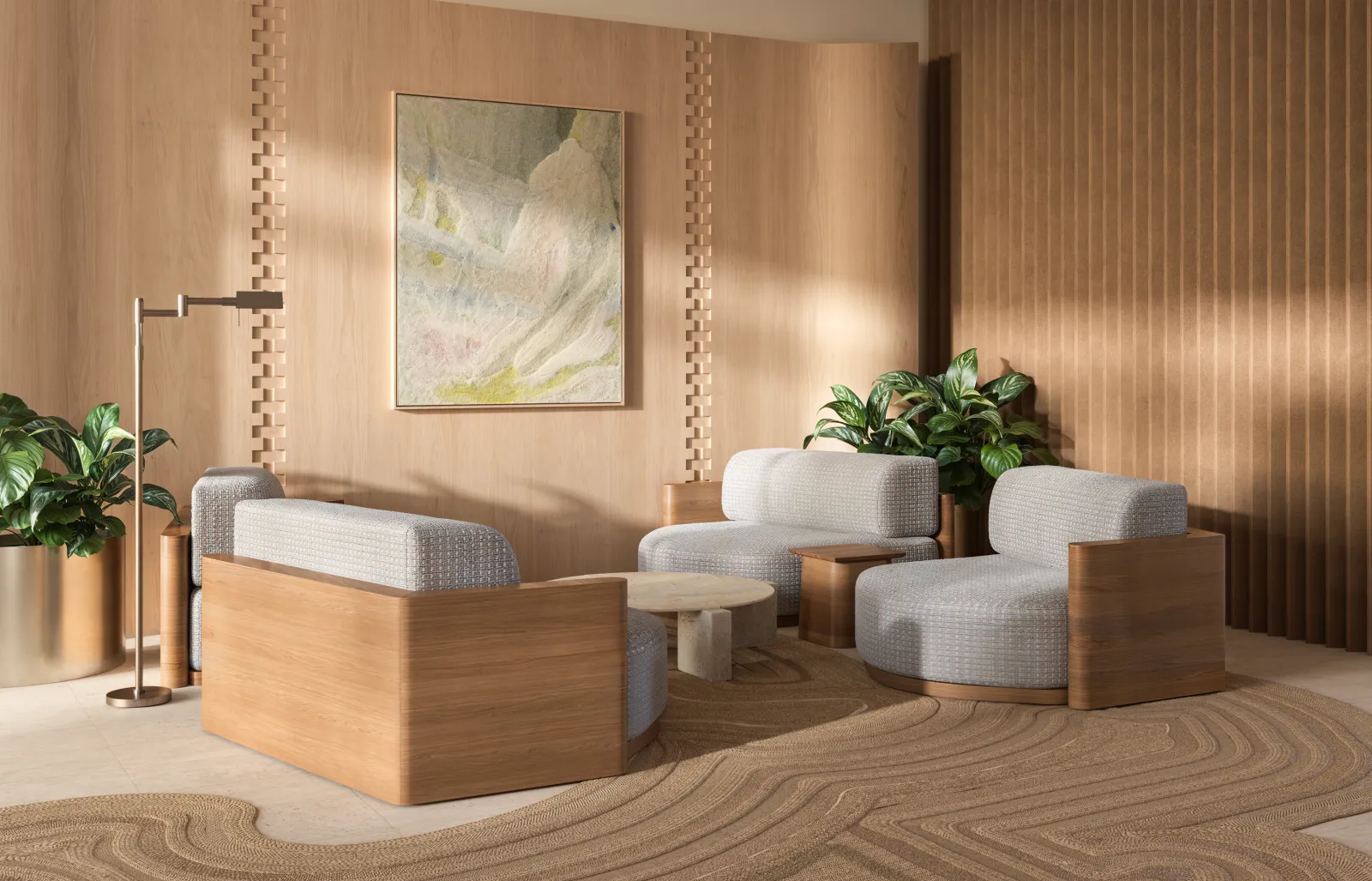 123 Ocean — oak-paneled lobby with custom bouclé lounge chairs and travertine table